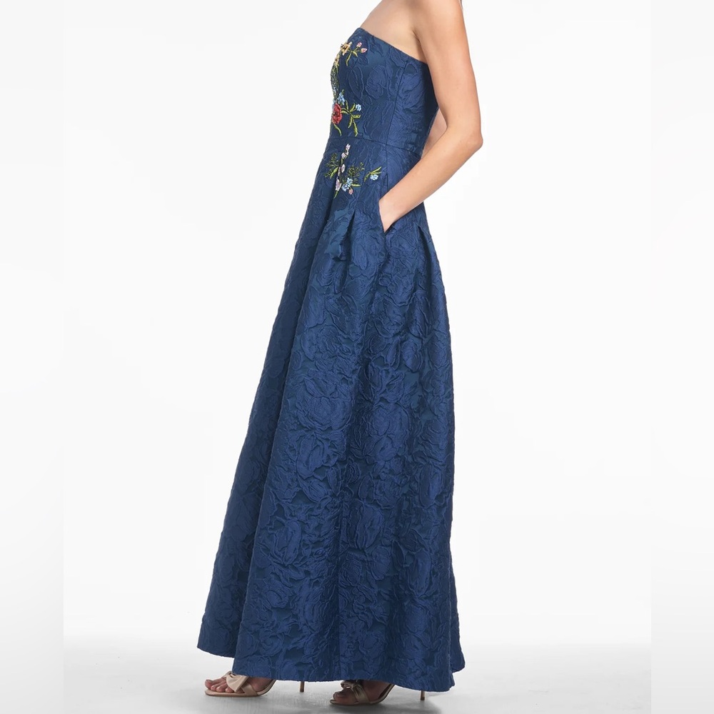 Sachin + Babi Navy Strapless Gown with Colorful Embroidery - Picture 4 of 12